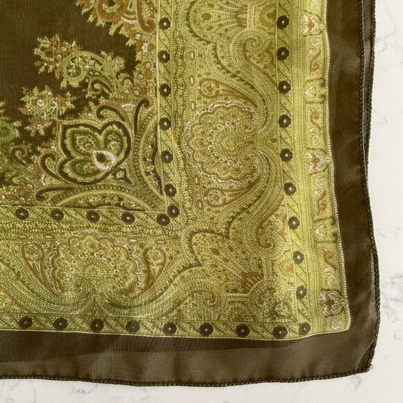 Vintage Sheer Paisley Print Scarf Olive Green White Tan No Tags Sz OS - no tags - Picture 3 of 7